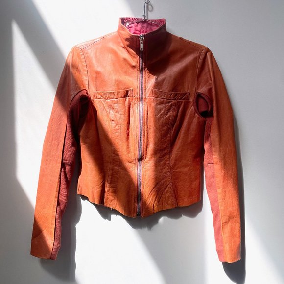 Vtg RICK OWENS womens main line Bouche Orange Buffalo Leather Zip Up Jacket sz 8